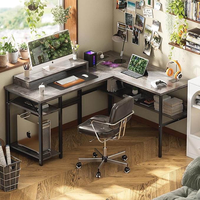 Unikito Reversible L Shaped Desk with Power Outlets and RGB LED Light, Sturdy Computer Desk with Ergonomic Monitor Stand and Storage Shelves, Corner Desk for Home Office, Easy Assembly, Black Oak