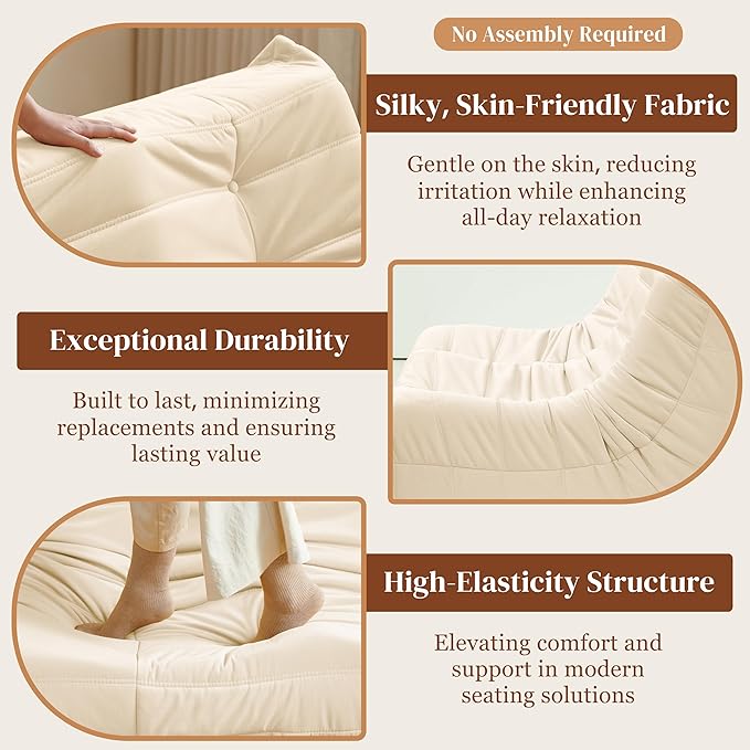 Bean Bag Chair, Loveseat Fireside Chair Bean Bag Sofa for Adults, 2 Seater Bean Bag Chairs for Teens with High-Resilience Foam, Memory Foam Bean Bag for Living Room, Bedroom, Office (Suede, Beige)