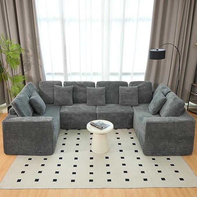 KEIKI 135" U Shape Sectional Sofa,6-Seater Modular Couch with Striped Corduroy Fabric for Living Room,Customizable Design