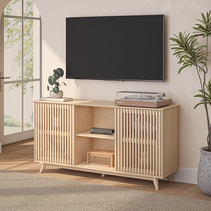 Plank+Beam Mid-Century Modern Wood TV Stand, Solid Wood Entertainment Console with Storage, 59" L x 16" W x 30" H, Blonde
