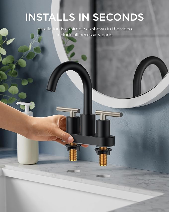 FORIOUS 4 Inch Centerset Bathroom Sink Faucet Black and Brushed Nickel, 2 Handle RV Bathroom Sink Faucet Matte Black 4" with Pop Up Dain, 24 in Hot and Cold Water Hoses, and 360 Degree Swivel Spout