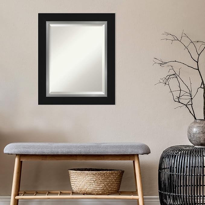 Amanti Art Black Bathroom Mirror for Over Sink, 26x22 Eva Black Silver Rectangle Vanity Mirror, Small Modern Contemporary Frame, Hangs Horizonally and Vertically, Bathroom Wall Decor, Beveled Edge