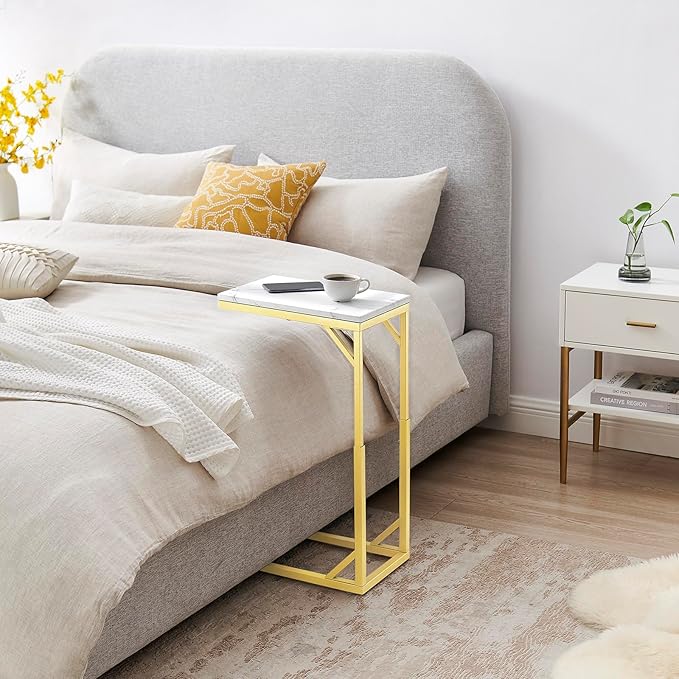 C-Shaped End Table, Small Sofa Table with Metal Frame, Adjustable Height Side Table for Couch, Living Room, Bedroom, Bedside (Gold, Small)