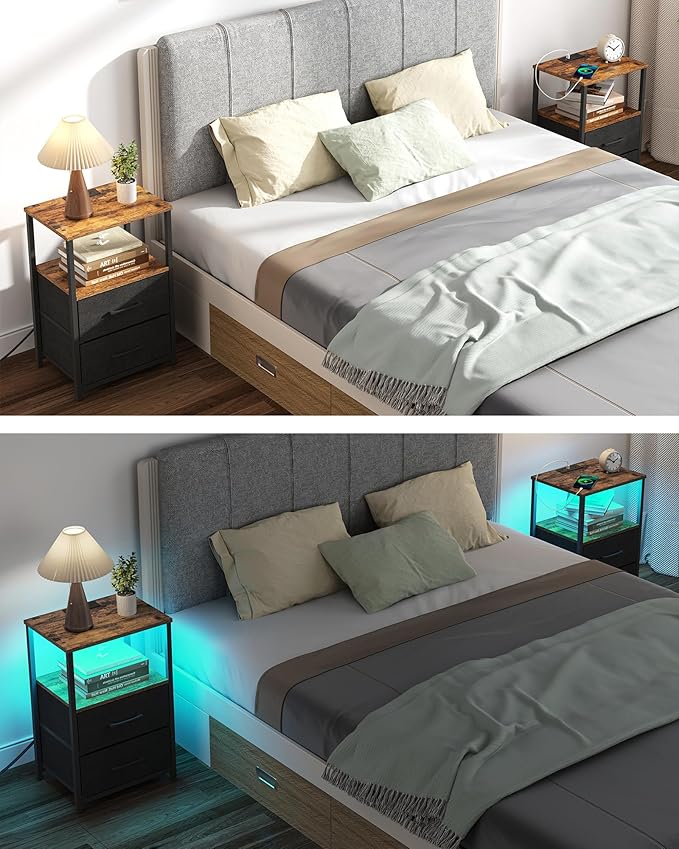 TUTOTAK LED End Table with Charging Station, Nightstand with Cloth Drawer, Side Table with 1 USB Port and 1 Type-C Port, Set of 2, Couch Table, Brown and Black TB01BB052KL