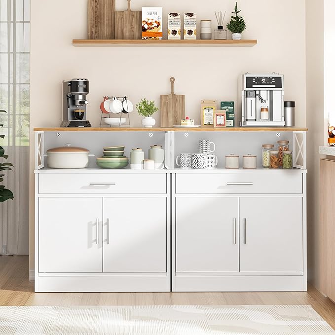 Shintenchi Kitchen Buffet Cabinet with Adjustable Shelf, Modern Kitchen Storage Cabinet,Farmhouse Coffee Bar Cabinet（White）
