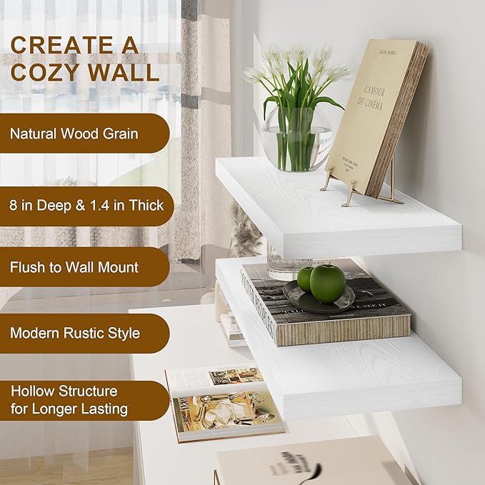 Fun Memories White Floating Shelves, 8 Inch Deep Wall Shelves Set of 2, Rustic Deep Shelves for Wall Storage, 24 x 8 Floating Shelves, 8" Deep White Shelves for Bedroom, Living Room, Kitchen