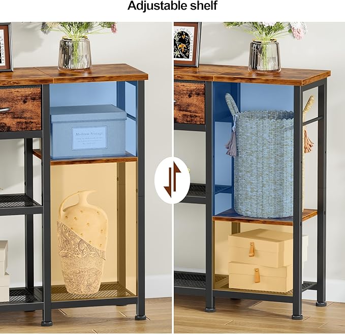 Furnulem Entryway Table 44'' Sofa Console Table with 2 Fabric Drawers, Industrial Entry Way Shoe Rack with Metal Mesh Shelf for Front Door, Hallway, Foyer Wooden Top, Sturdy Metal Frame, Rustic Brown