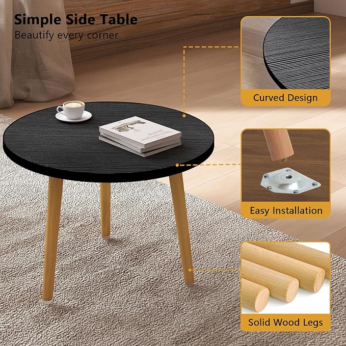 Round Coffee Table Low Table with 3 Solid Wood Sturdy Legs, Floor Table Desk for Sitting on The Floor, Storage and Living Room Furniture (Black)