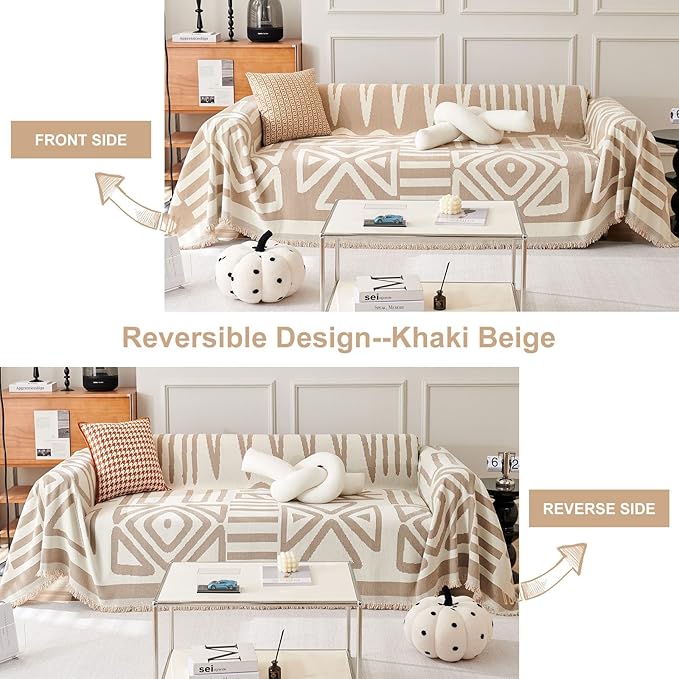 STACYPIK Boho Khaki White Cream Sofa Cover for Sofas Chenille Triangle Couch Cover Reversible Furniture Covers for 3-4 Cushion Couch L Shaped Couch Cover for Dogs Cats Non-Silp Loveseat Cover-91X150IN