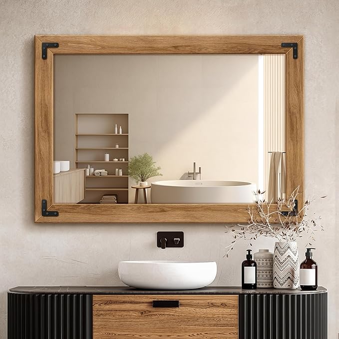 Full Length Mirror with Wooden Frame, 40"X28" Solid Wood Standing Floor Mirror for Farmhouse, Bathroom, Bedroom Decor, Hanging or Leaning Wall-Mounted