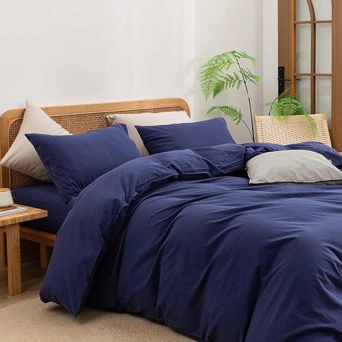 BESTOUCH Duvet Cover Set 100% Washed Cotton Linen Feel Super Soft Comfortable Chic Lightweight 3 PCs Home Bedding Set Solid Navy Blue Oversized King