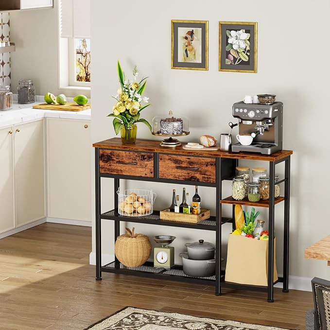 Furnulem Entryway Table 44'' Sofa Console Table with 2 Fabric Drawers, Industrial Entry Way Shoe Rack with Metal Mesh Shelf for Front Door, Hallway, Foyer Wooden Top, Sturdy Metal Frame, Rustic Brown