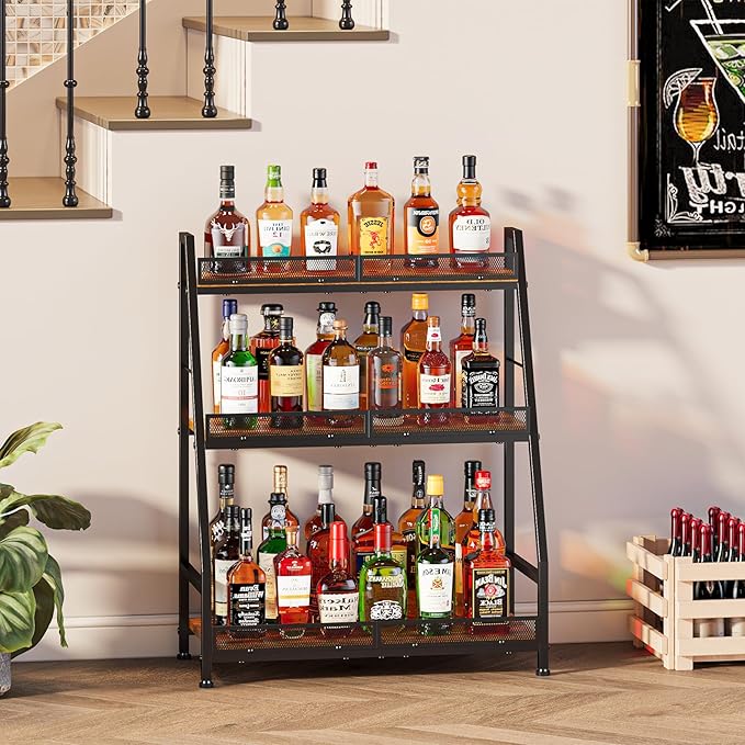 3-Tier Expanded Liquor Stand, Trapezoid Wine Rack Freestanding Floor, Large-Capacity Bar Stand for Liquor Whiskey Wine Storage, Vintage Liquor Cabinet Bar for Home(Patent Pending)