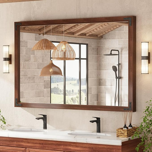 TETOTE 55 x 36 Walnut Wooden Mirror for Bathroom Wall/Bedroom/Living Room/Entryway Farmhouse Rustic Bathroom Vanity Mirror Waterproof (Horizontal/Vertical Mounted)