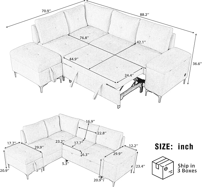 Ball & Cast 88.2" L-Shaped Sectional Pull Out Sofa with Ample Storage Space,Versatile Convertible Couch w/Two Cup Holders and Two USB Ports,Movable Storage Ottoman,for Living Room,Apartment,Beige