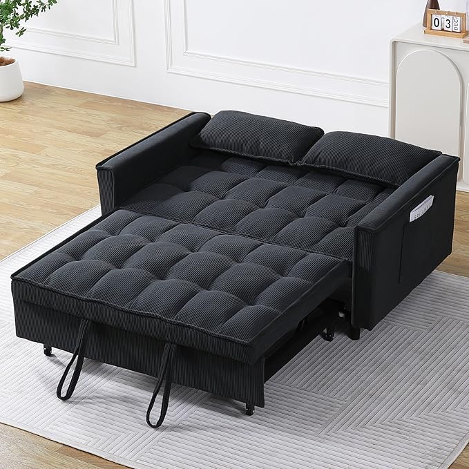 Ball & Cast Convertible Sleeper Sofa Bed,Convertible Pull Out Couch with 2 Pillows,Adjustable Backrest & Side Pocket,Loveseat Futon Sofa Bed for Living Room,Apartment,Corduroy Fabric,Dark Gray,54"