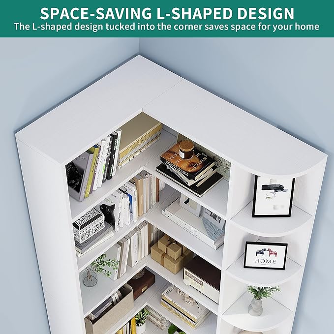 YITAHOME Corner Bookshelf with LED Light, 6 Tier Corner Shelf White Bookshelf L-Shaped Bookcase Storage Display Shelf for Home Office, Living Room, White