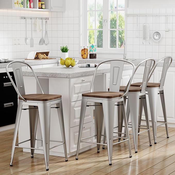 Yongqiang 24 inch Bar Stools Set of 4 High Back Kitchen Counter Height Bar Chairs Silver Metal Barstools with Large Wooden Seat