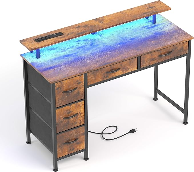 Computer Desk with 5 Drawers, Gaming Desk with LED Lights Power Outlets and Type-C, 39 Inch Office Desk with Storage, Monitor Stand, Writing Desk Work Table for Home Office, Small Spaces, Rustic Brown