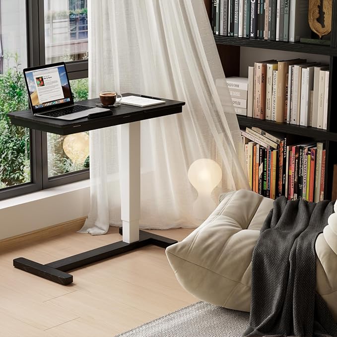 Solid Wood Overbed Bedside Table with Wheels,Tilt Top Hospital Bed Table Adjustable Over The Bed,Rolling Bed Desk for Hospital and Home Use (Black)