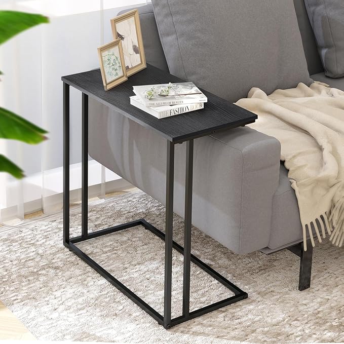 C-Shaped Side Table, Modern End Table with Metal Frame, Space Saving Design for Living Room，Large Surface Couch Table for Bedroom, and Home Office，24 x 12 x 24 inches (Black)