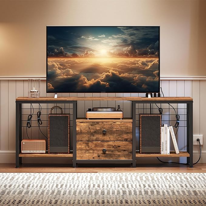 TV Stand with Power Outlet Up to 60 Inch, Entertainment Center with 2 Fabric Drawers, TV Console Table with Open Storage Shelves for TVs, Cable Management, for Living Room, Bedroom, DS14UBRY1