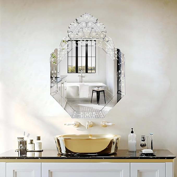 KOHROS Venetian Mirror with Top Crown Arch Floral Etched 32 x 24 Inch Octagonal Bathroom Mirror for Over Sink Frameless Beveled Edge Wall Mirror for Bathroom Vanity Entryway Bedroom
