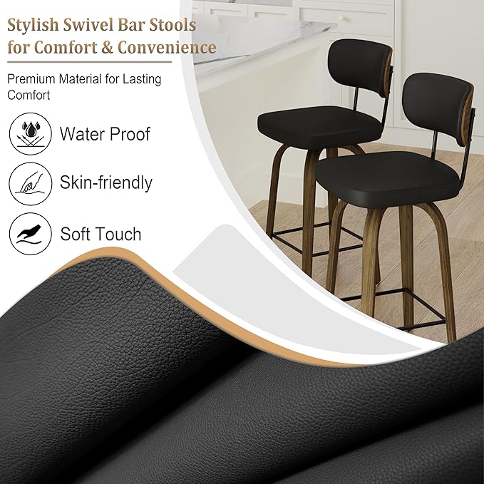 Swivel Counter Height Bar Stools with Back Set of 2, 26" Faux Leather Kitchen Bar Stools with Wood Legs and Metal Footrest for Kitchen Island (Black PU)