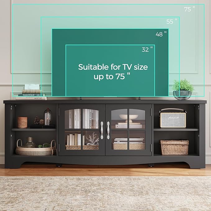 LINSY HOME TV Stand for 75 Inch TV, Modern Farmhouse Entertainment Center with Storage Cabinets and Glass Doors, Tall Media Console Table for Living Room, Bedroom, Large Long Television Stand, Black