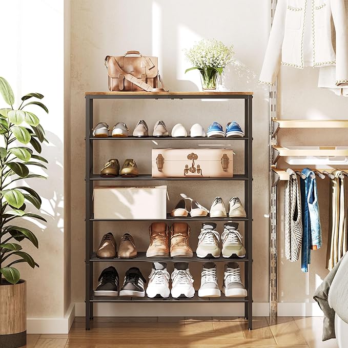 6-Tier Shoe Rack, Shoe Storage Organizer for Closet, Free Standing Shoe Organizer with Metal Mesh Shelves, 24 Pairs of Shoes, Rustic Brown and Black SS06BR