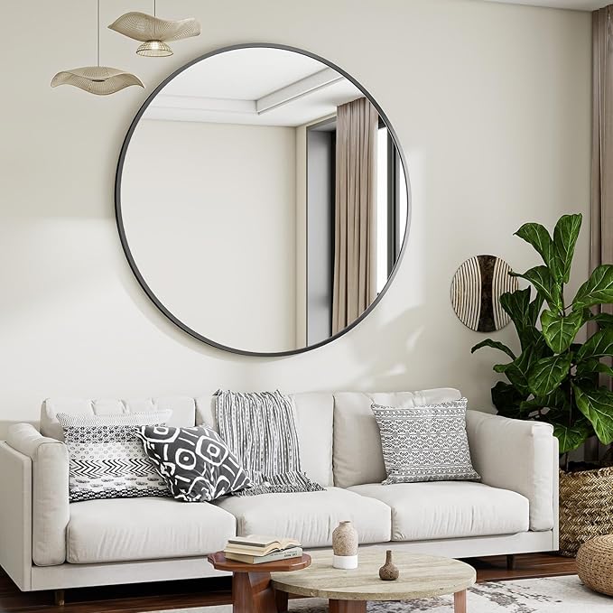 Black Round Bathroom Mirror, 48 inch Large Circle Wall Mounted Hanging Mirror with Simple Modern Circular Metal Frame for Hallway, Entryway, Living Room, Black Frame