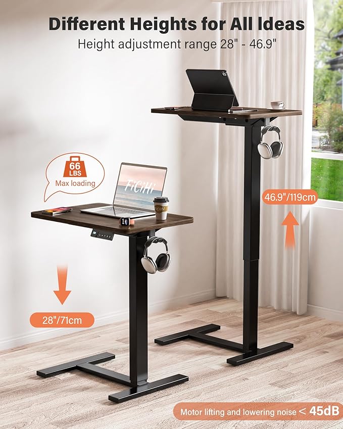 Mobile Standing Desk with Wheels - Electric Height Adjustable Small Movable Laptop Desk, Portable Rolling Computer Sit Stand Side Table for Home Office, Sofa&Bedside Use (27.6",Walnut)