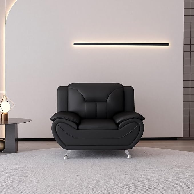 Container Furniture Direct Michael Modern Faux Leather Upholstered Stainless Steel Legs Living Room, Chair, Loveseat, Sofa, Black