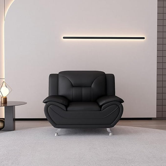 Container Furniture Direct Michael Modern Faux Leather Upholstered Stainless Steel Legs Living Room, Chair, Midnight Black