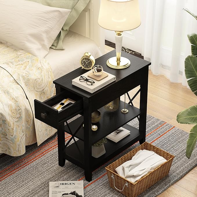 Narrow End Table with Charging Station - Farmhouse Slim Side Table Set of 2, w/USB Ports Power Outlets, Nightstand w/Flip Top Storage Drawer, for Small Spaces Living Room Bedroom, Black