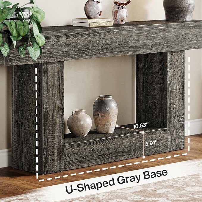 Tribesigns 63" Console Table, Farmhouse 2-Tier Entryway Table with U-Shaped Base, Narrow Long Wood Sofa Table Behind Couch Table for Living Room, Hallway, Foyer, Dark Gray