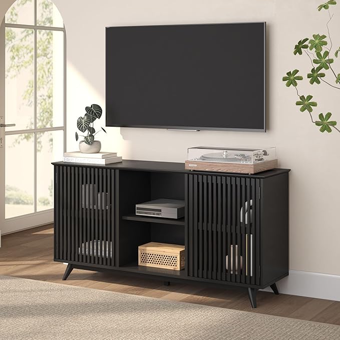 Plank+Beam Mid-Century Modern Wood TV Stand, Solid Wood Entertainment Console with Storage, 59" L x 16" W x 30" H, Black