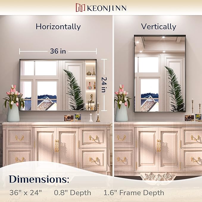 Keonjinn Black Bathroom Mirror 24 x 36 Inch Rectangular Wall Mirror Brushed Metal Frame Black Mirror Modern Farmhouse Mirror, Framed Rectangle Bathroom Mirror for Over Sink(Horizontal/Vertical)