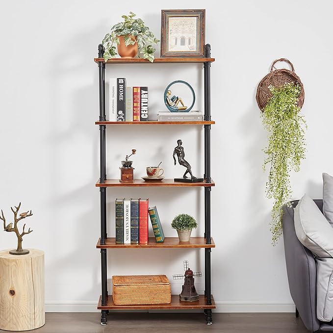 Industrial Bookshelf, 5 Shelf Bookcase, Rustic Brown Pipe Shelving (29.5" L x 11.8" W x 70" H)