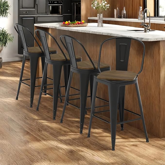 26” Swivel Bar Stools Set of 4, Counter Height Bar Stools Wooden Seat, Metal Industrial Bar Chairs with High Back for Kitchen Island (Black)
