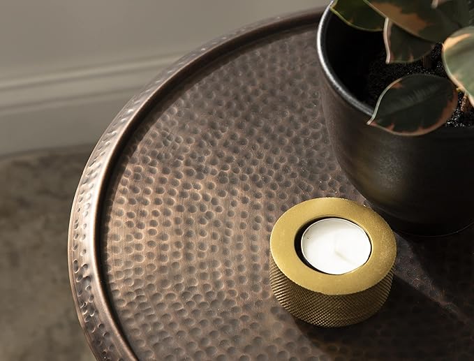 Kate and Laurel Sanzo Modern Pedestal Side Table; 15 x 15 x 24; Bronze; Decorative End Table with Hammered Tabletop for Use as a Bedroom Nightstand or Living Room Accent