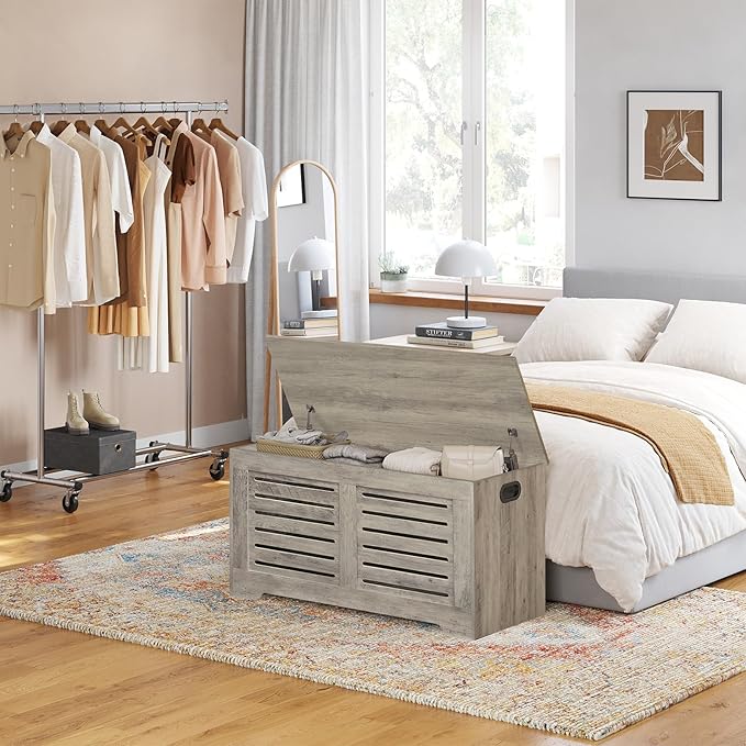 DINZI LVJ Storage Chest, Flip-Top Wooden Toy Box with 2 Safety Hinges, Retro Entryway Shoe Bench, Sturdy Large Storage Trunk for Living Room, Bedroom, Toddler Room, Easy Assembly, Grey Wash