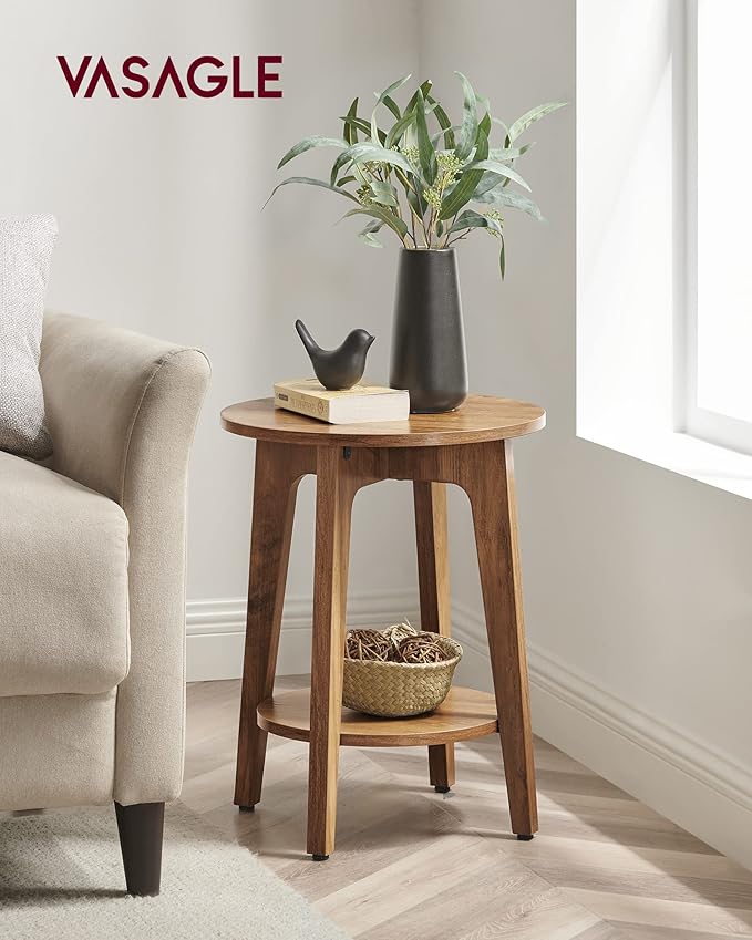 VASAGLE Side Tables, Set of 2, Small Round End Table with Lower Shelf, Nightstand for Small Spaces, Living Room, Bedroom, Rustic Walnut ULET289K01