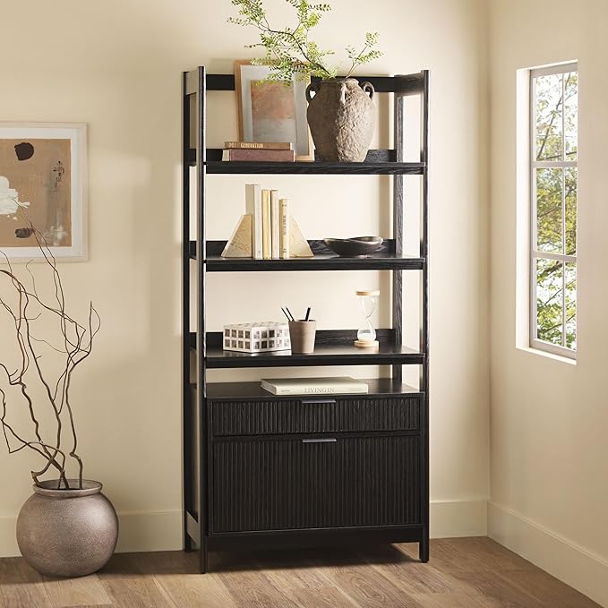 Walker Edison Transitional Open Reeded 4-Shelf Bookshelf with Drawers Versatile Bookcase with Bottom Storage for Home Office, Living Room, Bedroom, 33 Inch, Black