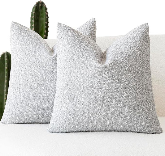 Foindtower Pack of 2 Textured Boucle Throw Pillow Covers Accent Solid Decorative Pillow Cases Cozy Woven Couch Cushion Case for Chair Sofa Bedroom Living Room Home Decor, 18 x 18 Inch,Light Grey