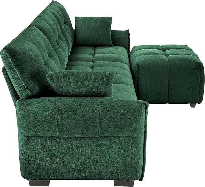 Modern Chenille Fabric 3-Seat Sofa w/Ottoman+2 Pillows, Premium Upholstery Living Room Couch with Tufted Backrest & Comfortable Armrests and High-Resilience Memory Foam Cushions,Green