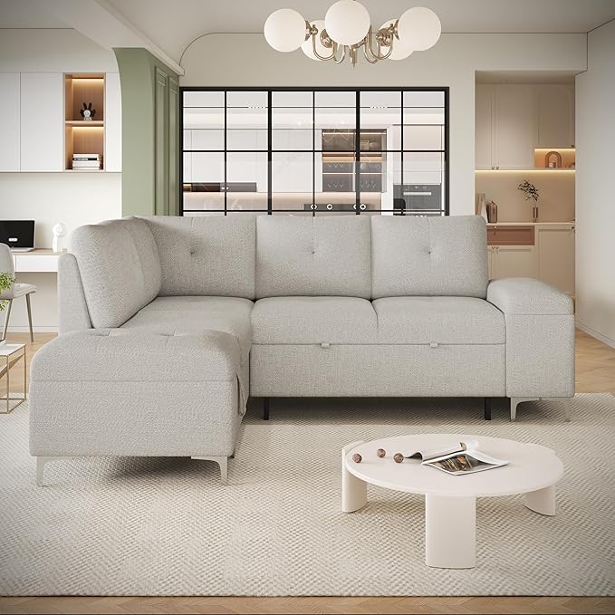 Ball & Cast 88.2" L-Shaped Sectional Pull Out Sofa with Ample Storage Space,Versatile Convertible Couch w/Two Cup Holders and Two USB Ports,Movable Storage Ottoman,for Living Room,Apartment,Beige