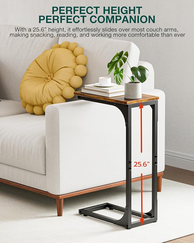 C-Shaped Side Table for Couch - Small Coffee Stand Sofa Tray Desk with Sturdy Metal Frame and Waterproof Scratch Resistant Wood Surface, Modern End Accent for Living Room, Bedroom,Rustic Brown