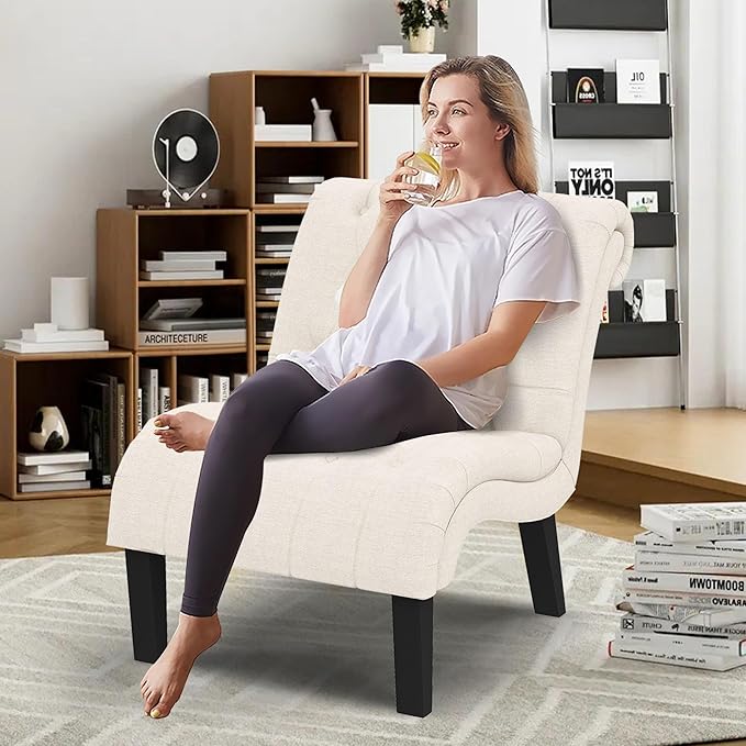 Yongqiang Accent Chairs for Living Room Set of 2 Upholstered Tufted Bedroom Chairs Curved Armless Side Chairs with Wood Legs Linen Fabric