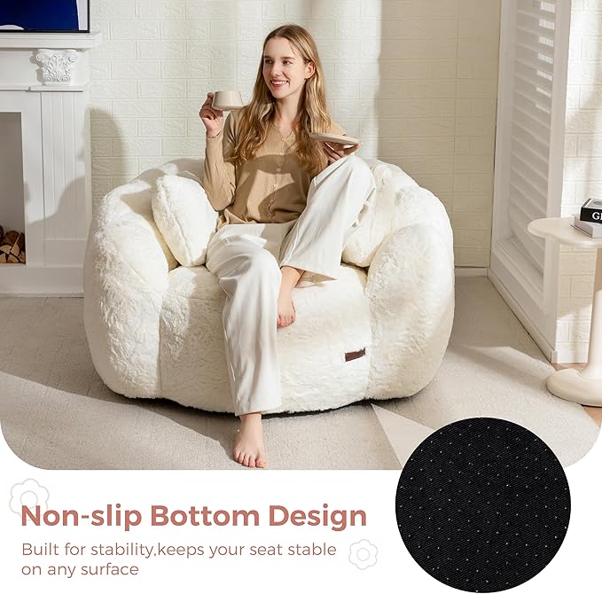 MAXYOYO Bean Bag Chair with 3 Pillows, Oversized Floral Shaped Bean Bag Sofa for Adults, Ultra Soft Faux Fur Floor Sofa, Large Stuffed Reading Chair for Living Room Bedroom, Beige